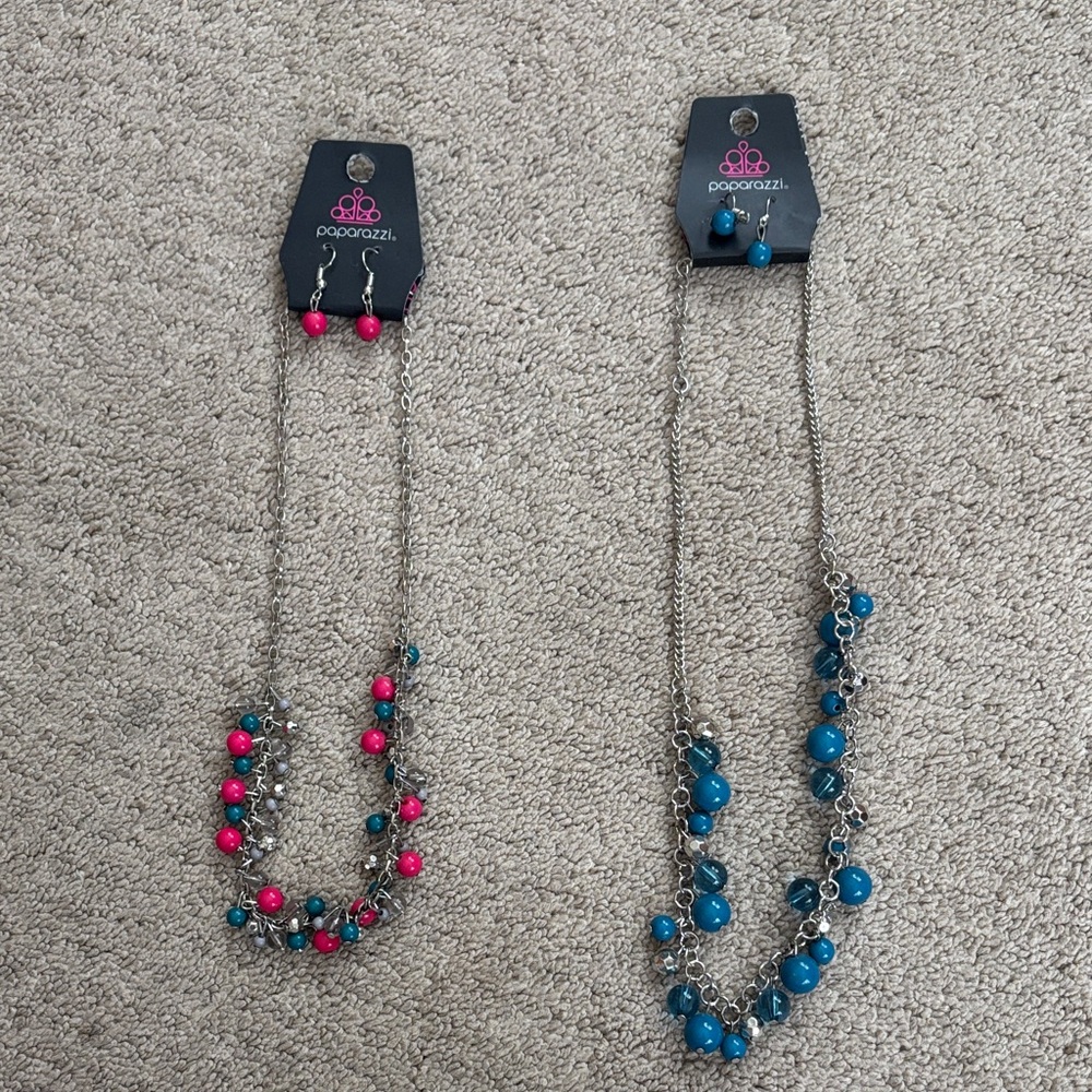 Paparazzi Silver and Blue Necklace Set with Pink Accents